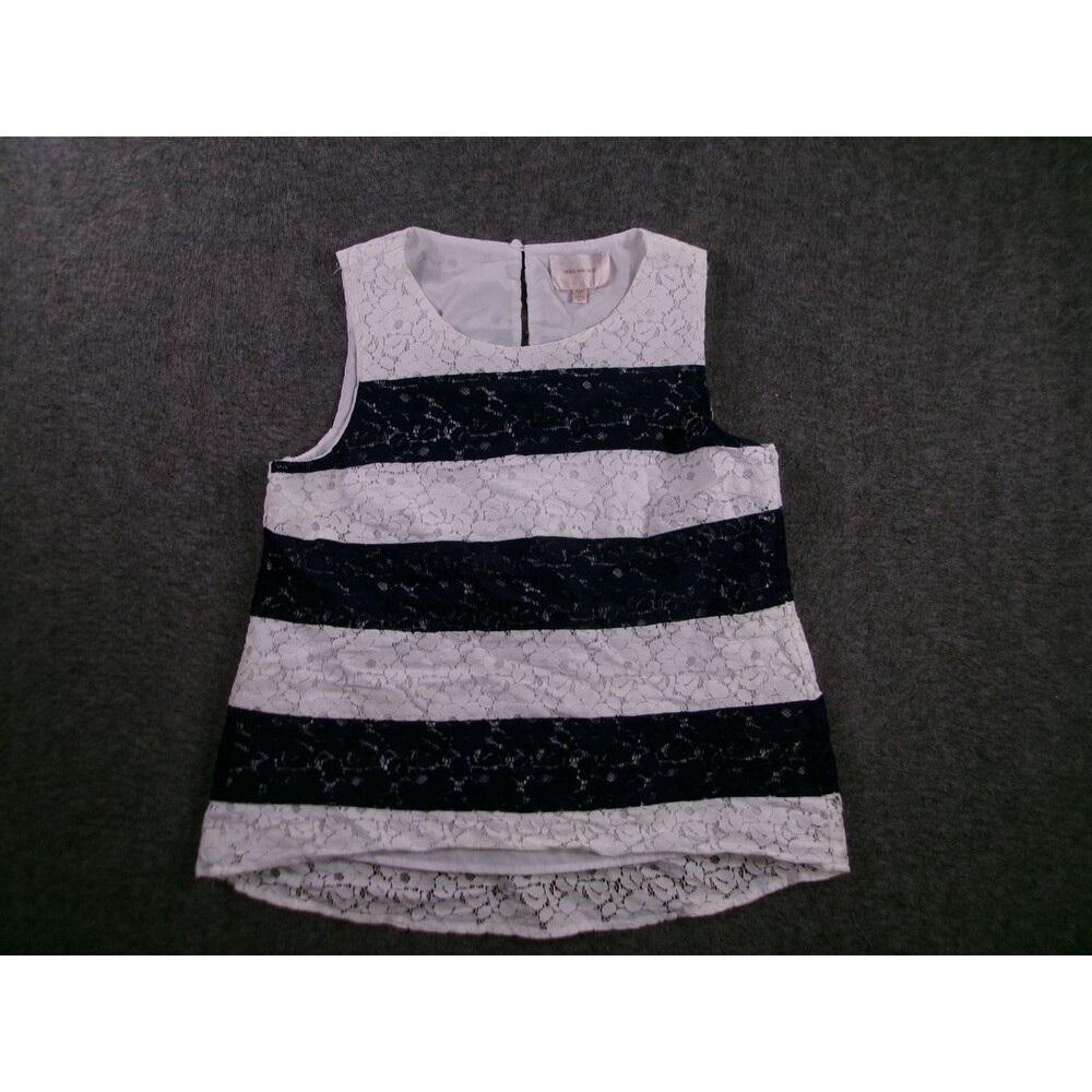 Skies Are Blue Top Womens M Lace Striped Sleeveless Navy White Blouse Lined